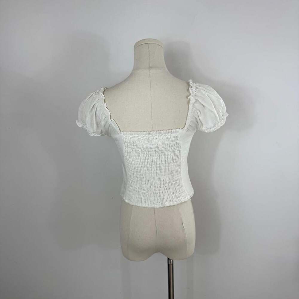 Heartloom White Lace-Trim Corset Top | Puff Sleeve Smocked Back | Womens Size XS - Picture 3 of 6